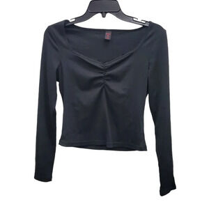 Romwe Women's Black‎ Y2K Style Ruched V-Neck Ribbed Long Sleeve Top Size M